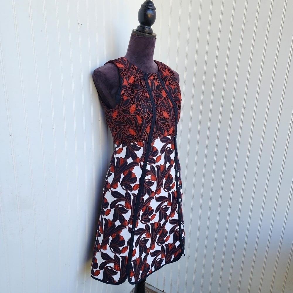 ANN TAYLOR Black Whit Red Floral Thick Lace Sleeveless Dress Pockets Sz 6 - Picture 8 of 16